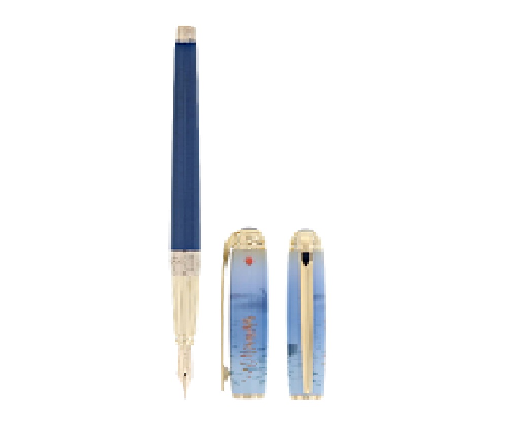 Limited Edition Monet Writing Kit.  A Line D Large Blue Natural Lacquer with Gold Finsih Fountain Pen, with a Roller Set and a Leather Passport Cover